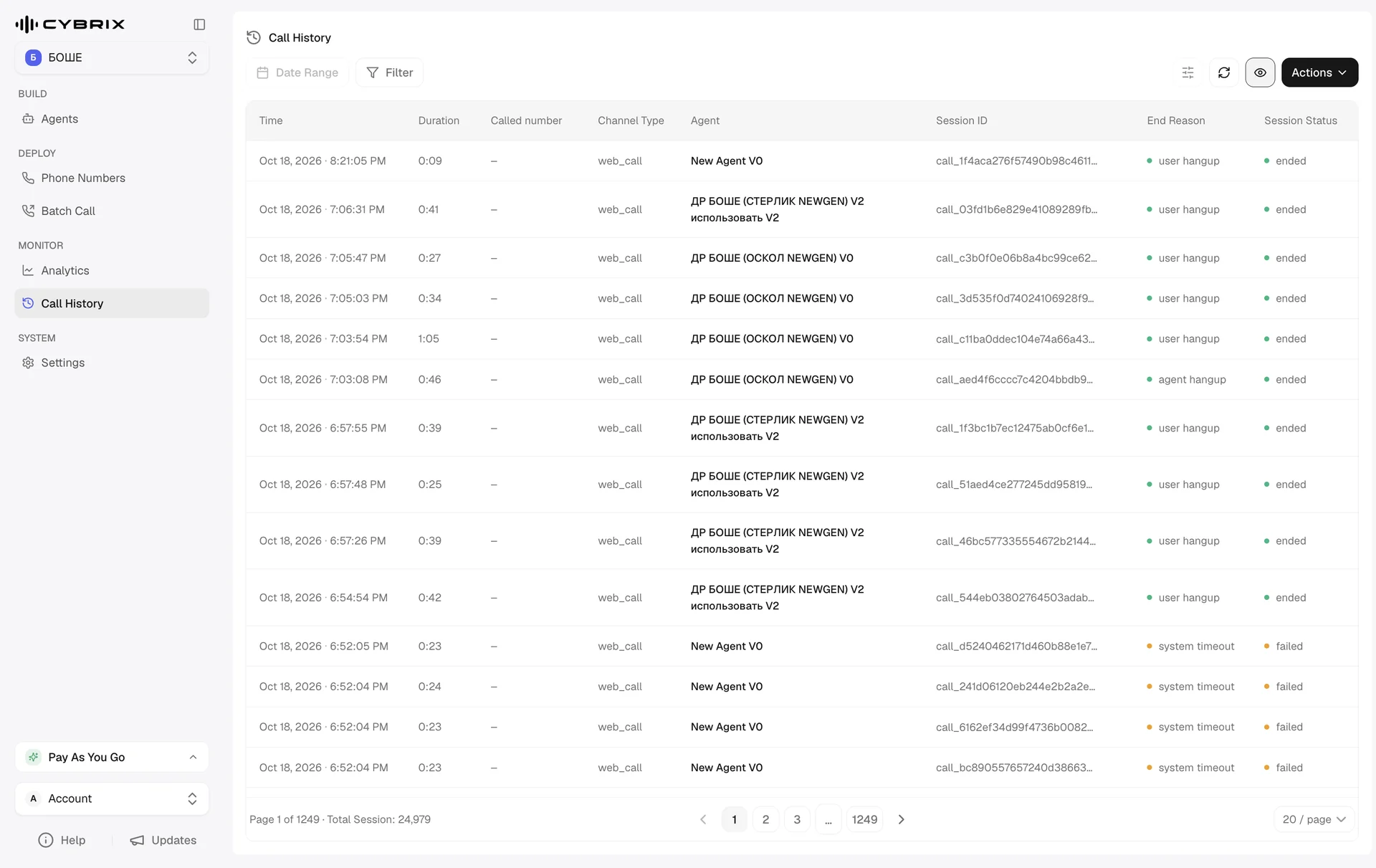 Call history: phone number, channel type, agent, session ID, end reason and status